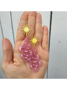 Mystical Pink Snake Serpent Moon Phases Dangle Earrings Stars Gothic Witchy